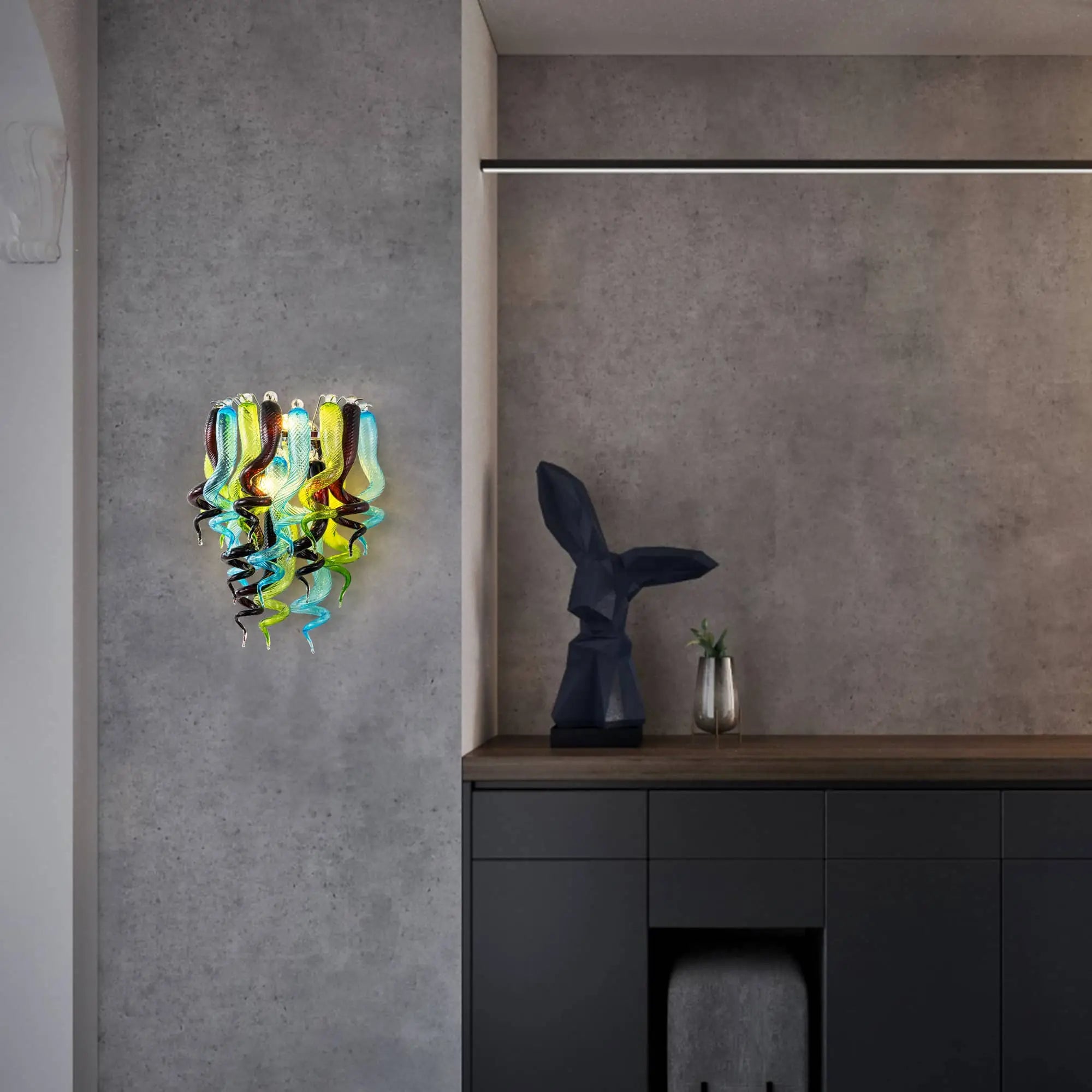 Modern Blown Glass Wall Sconce Light Blue Green Black Artistic Bedside Lamp Spiral-Shaped Glass Corridor Wall Light