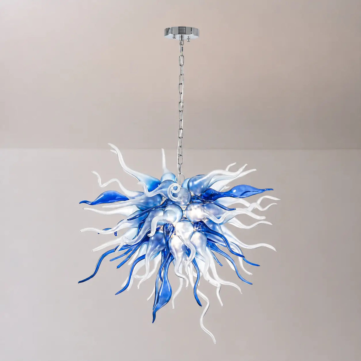 Blue and White Hand-Blown Glass Chandelier Artistic Twisted Sculptural Pendant Light