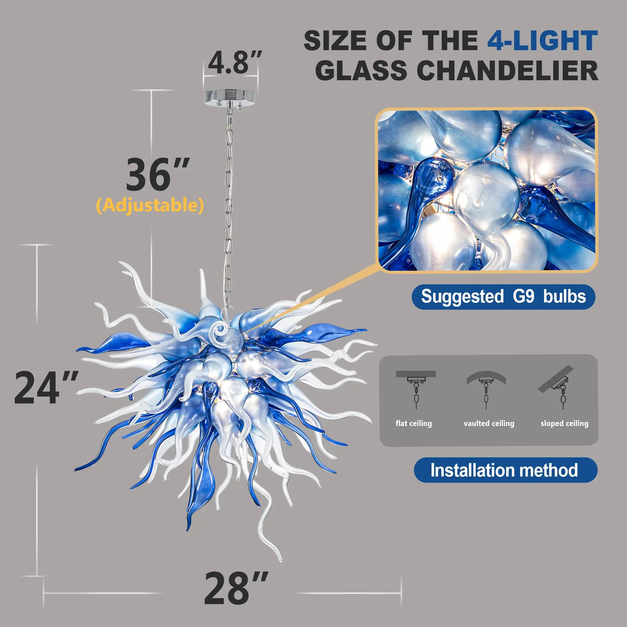 Blue and White Hand-Blown Glass Chandelier Artistic Twisted Sculptural Pendant Light