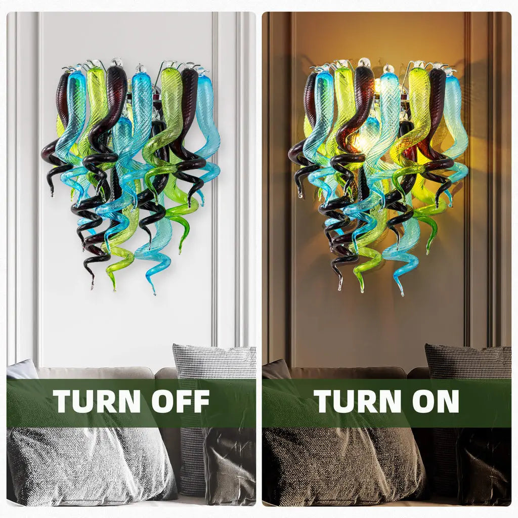 Modern Blown Glass Wall Sconce Light Blue Green Black Artistic Bedside Lamp Spiral-Shaped Glass Corridor Wall Light