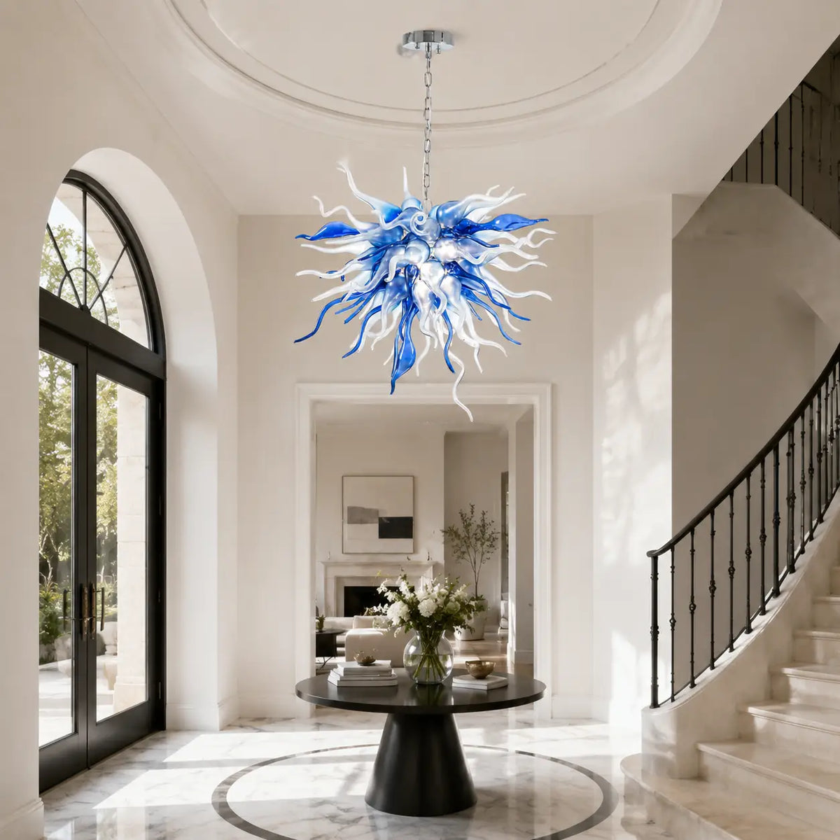 Blue and White Hand-Blown Glass Chandelier Artistic Twisted Sculptural Pendant Light