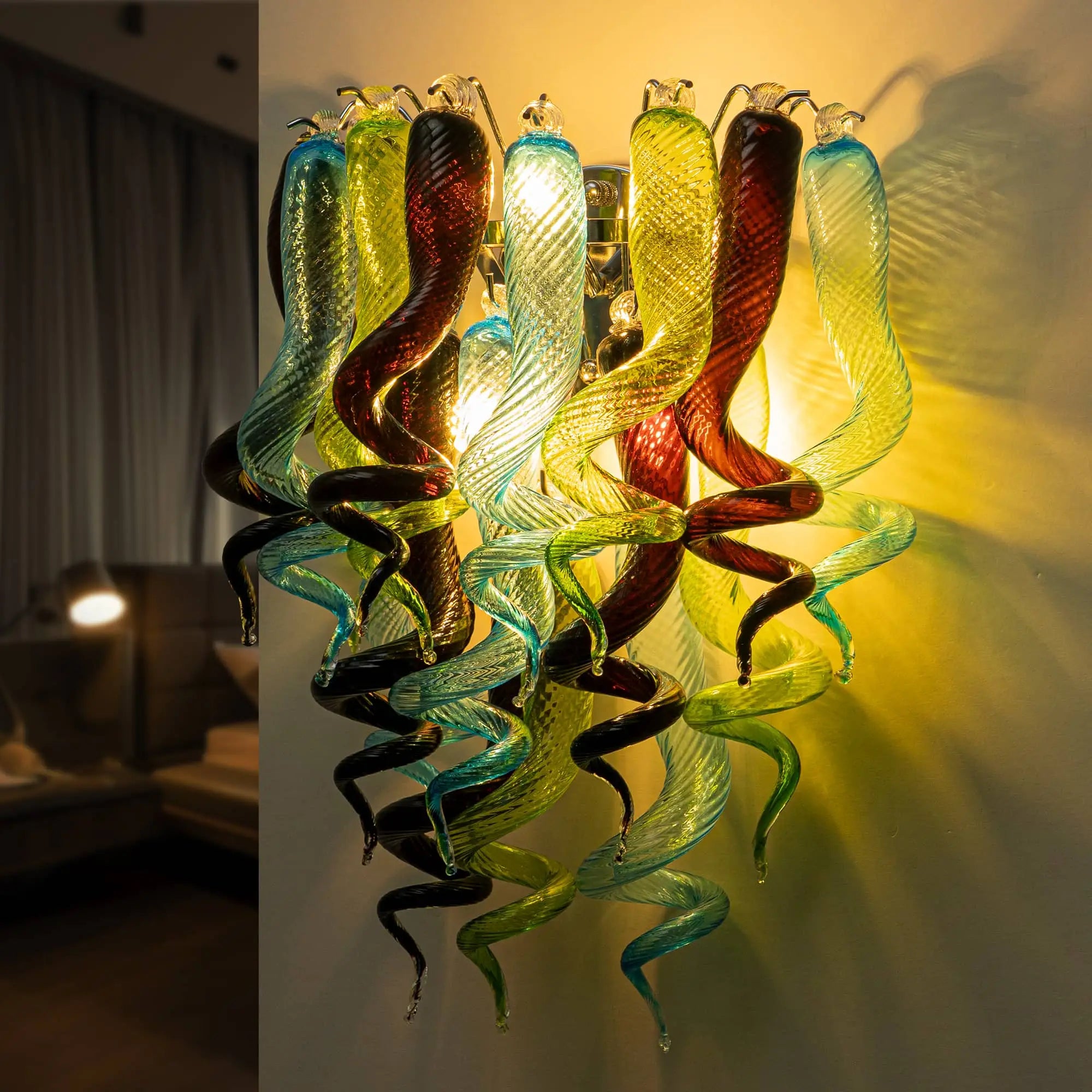 Modern Blown Glass Wall Sconce Light Blue Green Black Artistic Bedside Lamp Spiral-Shaped Glass Corridor Wall Light