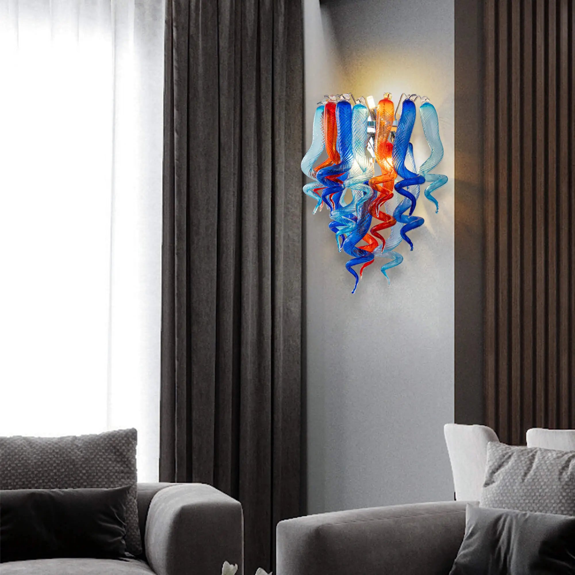Azure Flame Blown Glass Wall Sconce Light Blue Orange Artistic Handcrafted Glass Bedside Lamp Hallway Wall Light