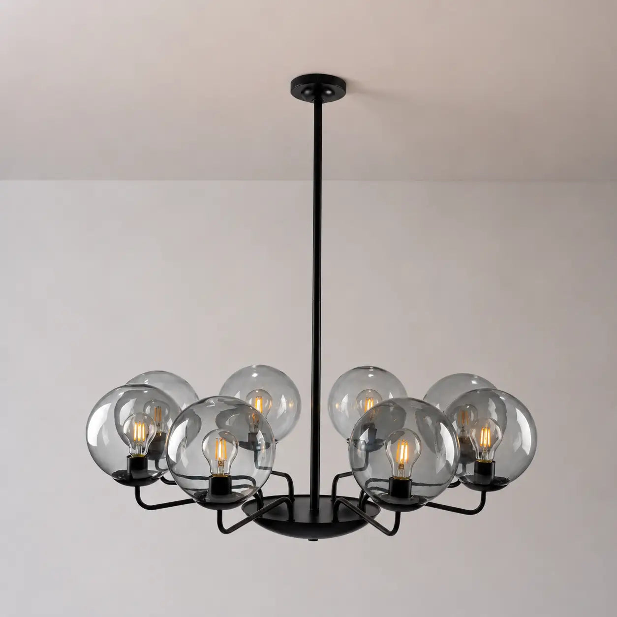 Mid-Century Modern 8-Light Glass Globe Chandelier Black Metal Farmhouse Pendant Ceiling Light for Dining Kitchen Island