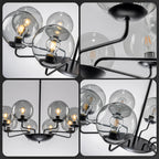 Mid-Century Modern 8-Light Glass Globe Chandelier Black Metal Farmhouse Pendant Ceiling Light for Dining Kitchen Island