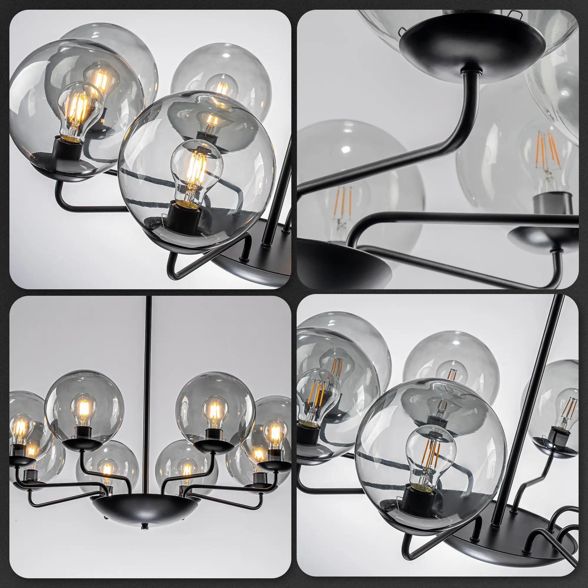 Mid-Century Modern 8-Light Glass Globe Chandelier Black Metal Farmhouse Pendant Ceiling Light for Dining Kitchen Island