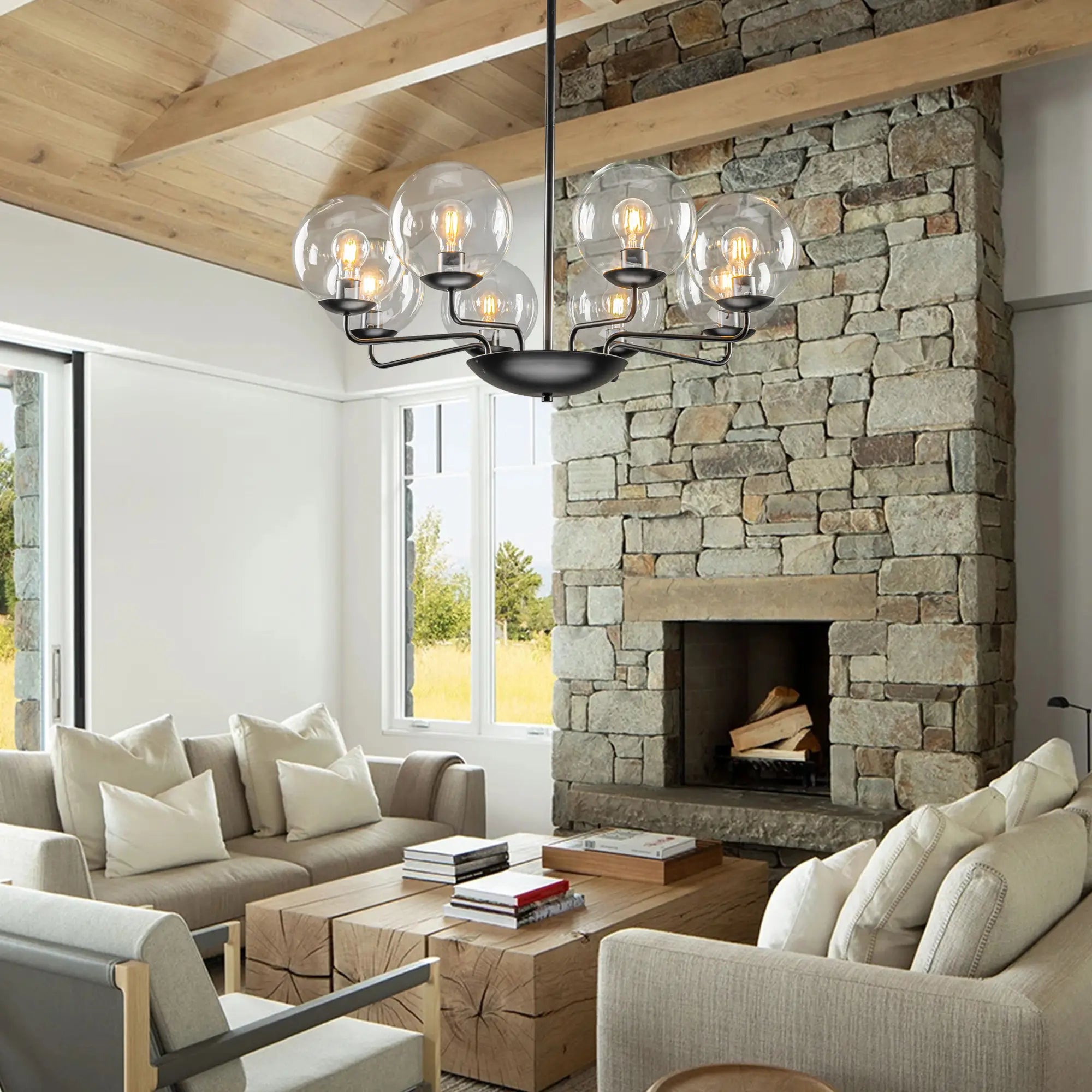Mid-Century Modern 8-Light Glass Globe Chandelier Black Metal Farmhouse Pendant Ceiling Light for Dining Kitchen Island