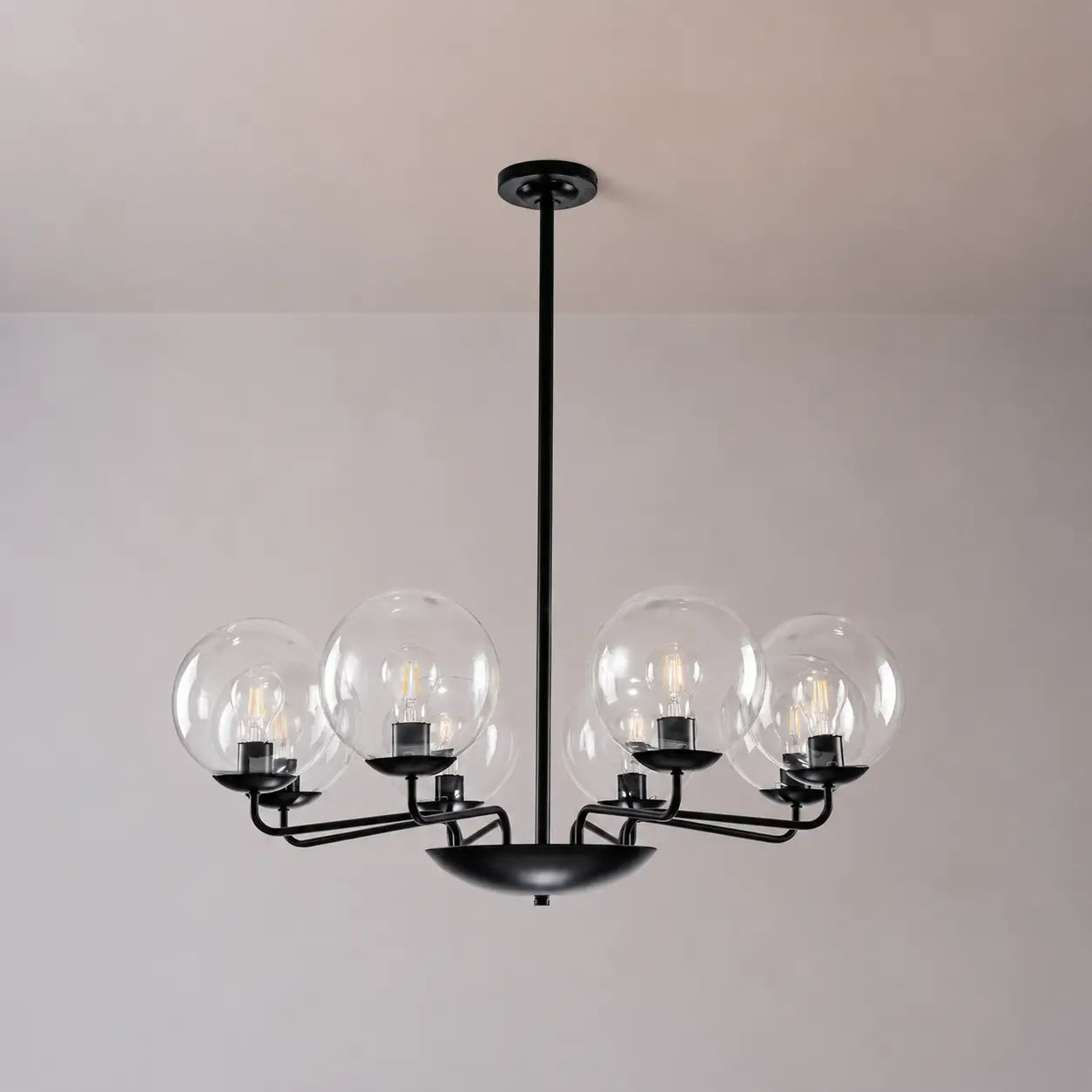 Mid-Century Modern 8-Light Glass Globe Chandelier Black Metal Farmhouse Pendant Ceiling Light for Dining Kitchen Island