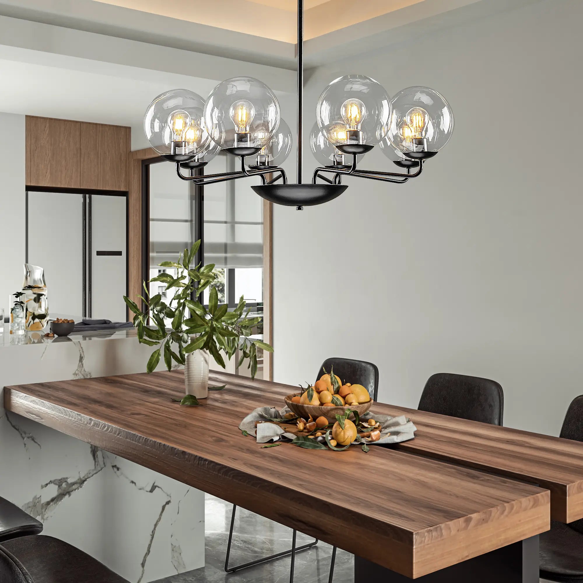 Mid-Century Modern 8-Light Glass Globe Chandelier Black Metal Farmhouse Pendant Ceiling Light for Dining Kitchen Island