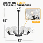 Mid-Century Modern 8-Light Glass Globe Chandelier Black Metal Farmhouse Pendant Ceiling Light for Dining Kitchen Island