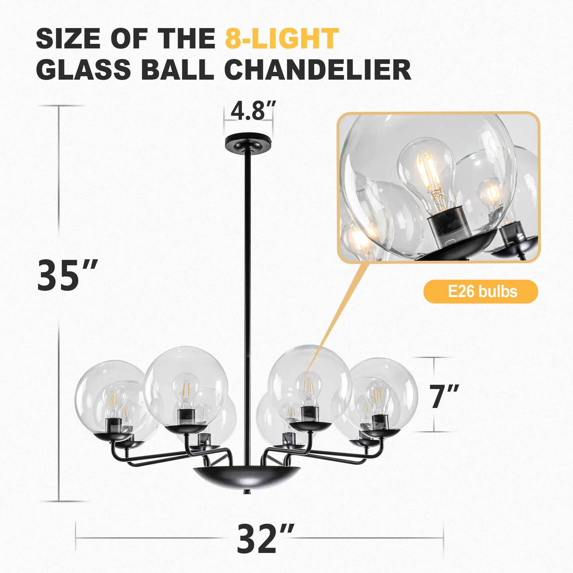 Mid-Century Modern 8-Light Glass Globe Chandelier Black Metal Farmhouse Pendant Ceiling Light for Dining Kitchen Island