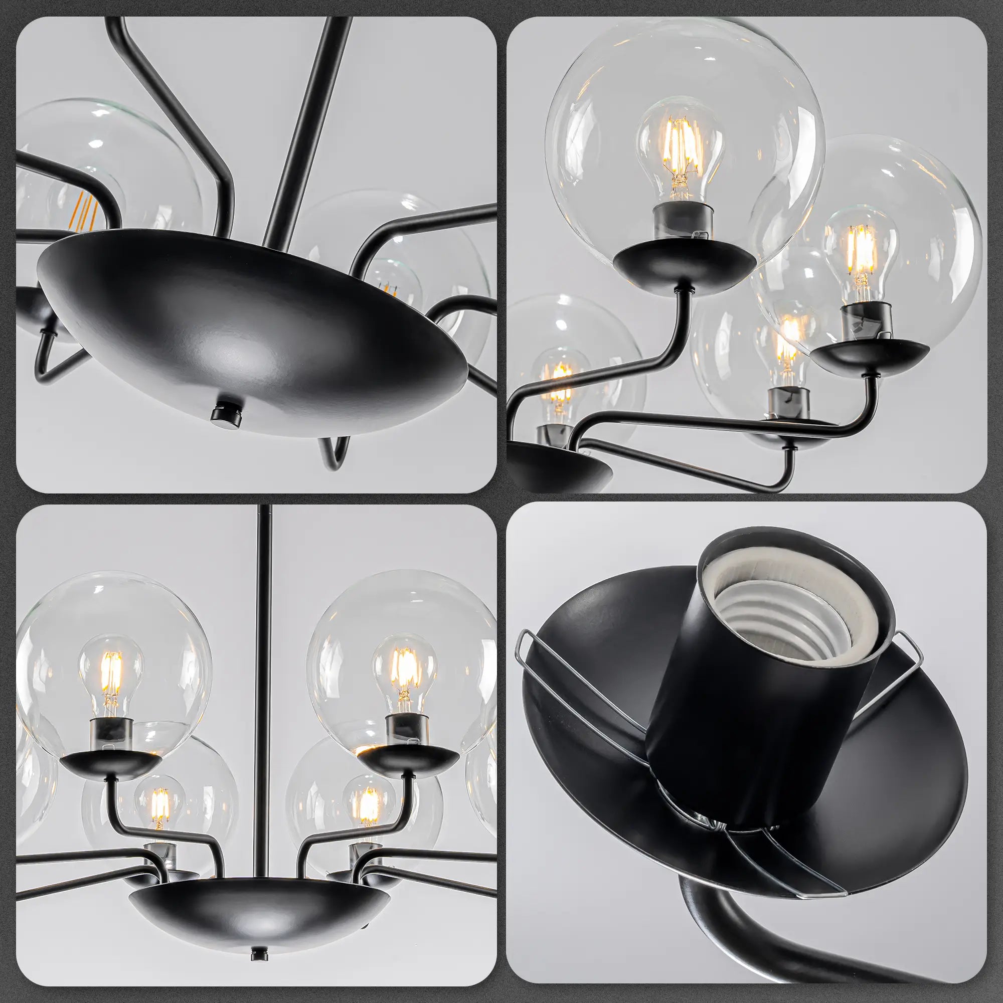 Mid-Century Modern 8-Light Glass Globe Chandelier Black Metal Farmhouse Pendant Ceiling Light for Dining Kitchen Island