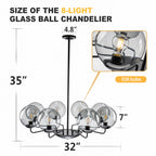 Mid-Century Modern 8-Light Glass Globe Chandelier Black Metal Farmhouse Pendant Ceiling Light for Dining Kitchen Island