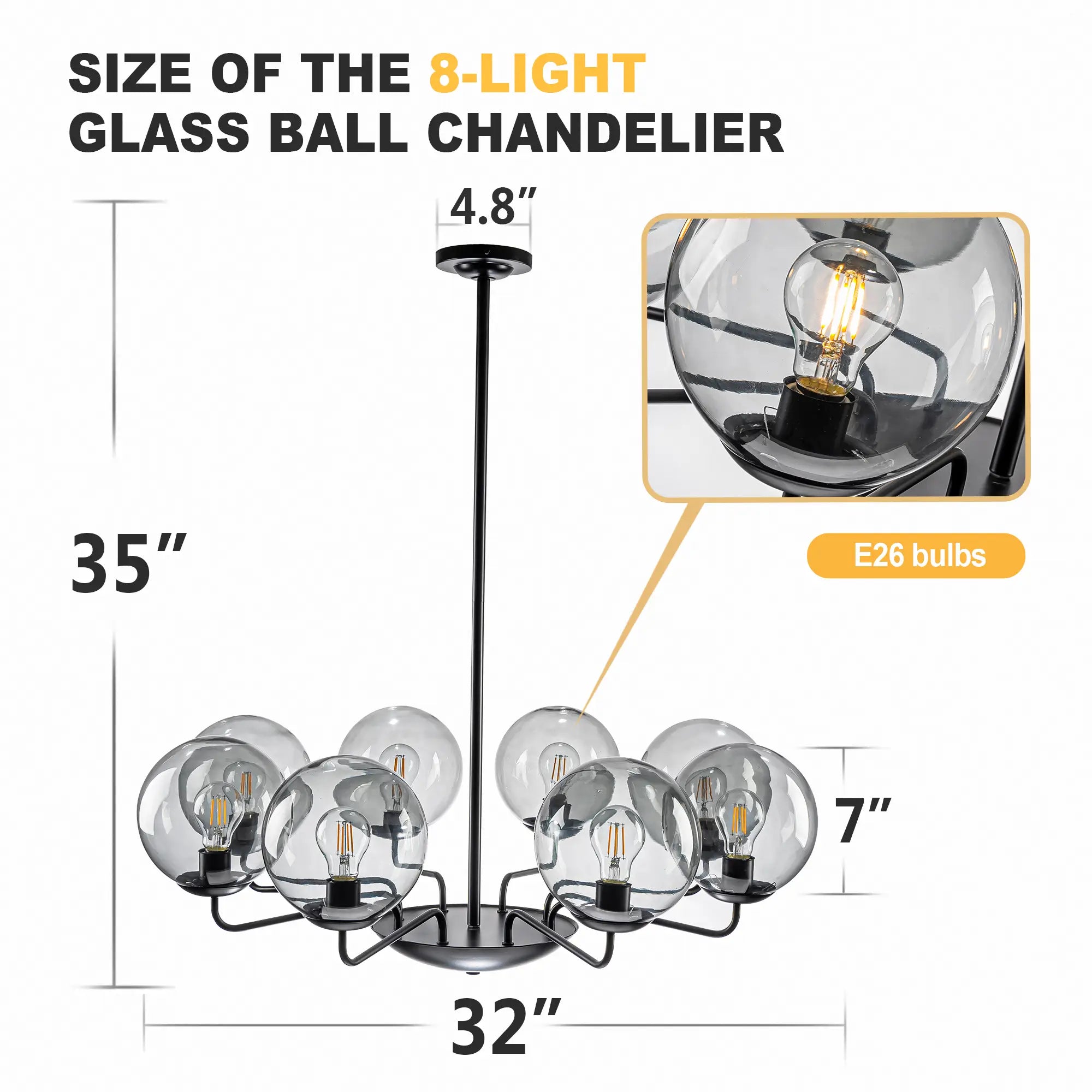 Mid-Century Modern 8-Light Glass Globe Chandelier Black Metal Farmhouse Pendant Ceiling Light for Dining Kitchen Island