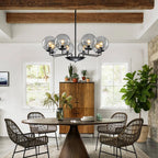 Mid-Century Modern 8-Light Glass Globe Chandelier Black Metal Farmhouse Pendant Ceiling Light for Dining Kitchen Island