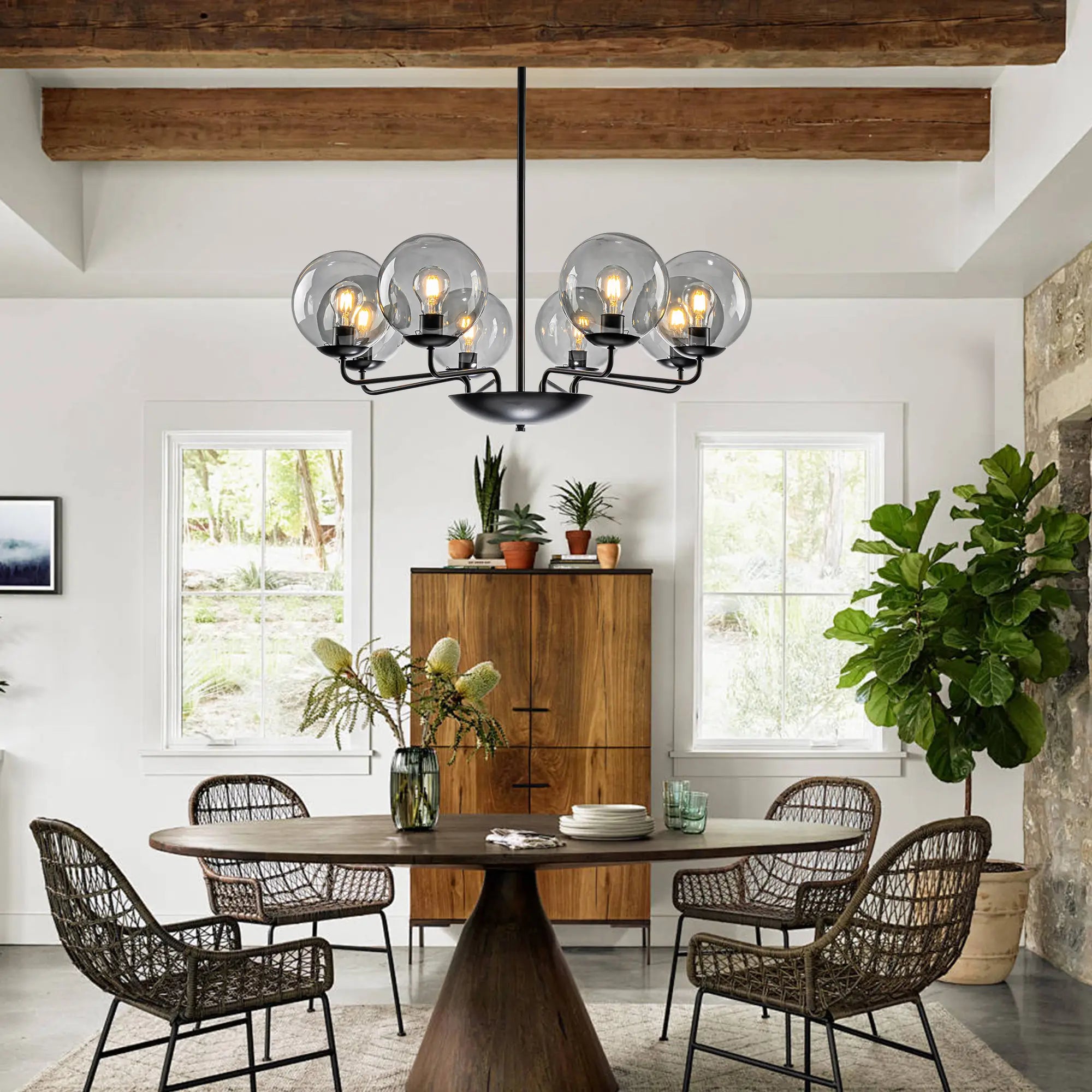 Mid-Century Modern 8-Light Glass Globe Chandelier Black Metal Farmhouse Pendant Ceiling Light for Dining Kitchen Island