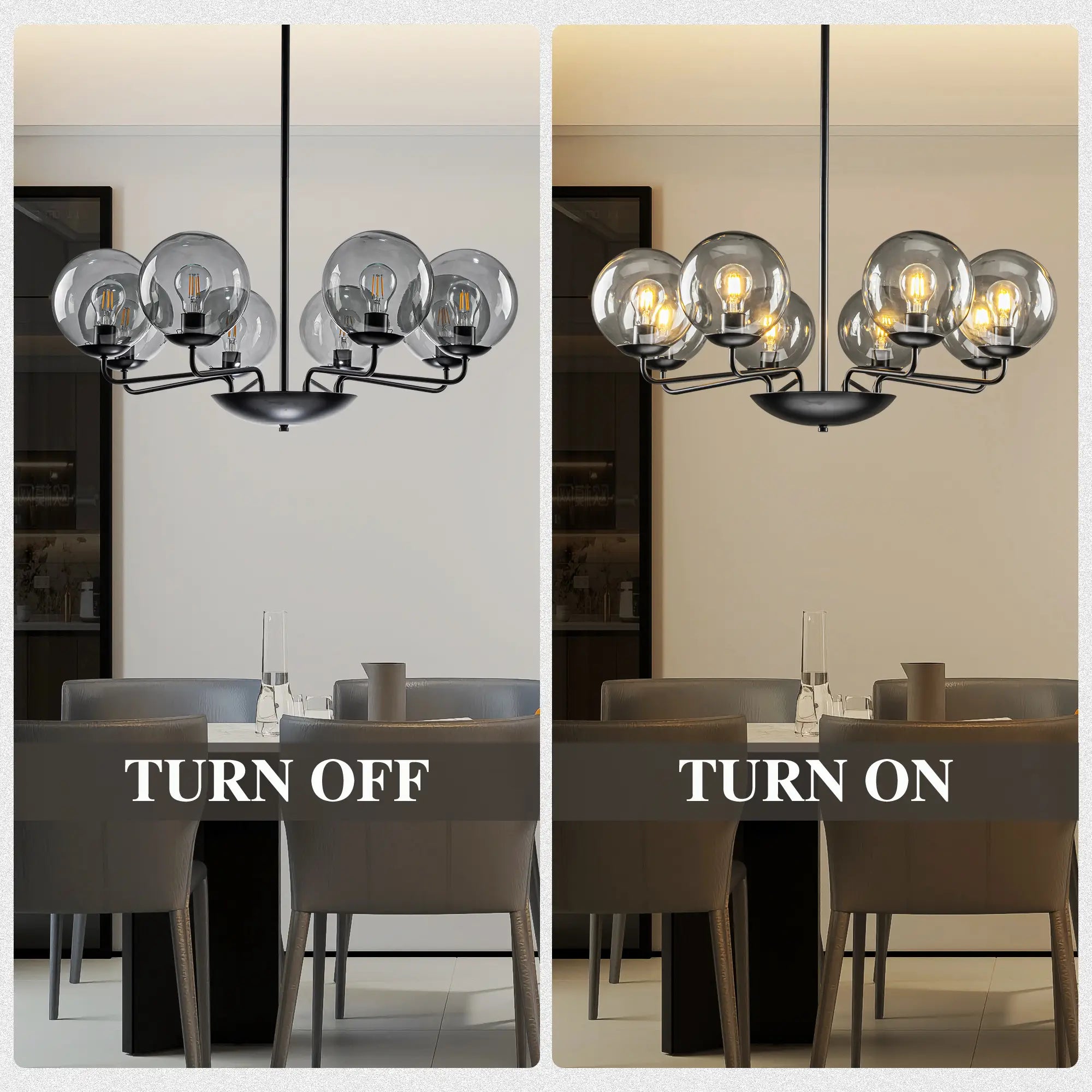 Mid-Century Modern 8-Light Glass Globe Chandelier Black Metal Farmhouse Pendant Ceiling Light for Dining Kitchen Island