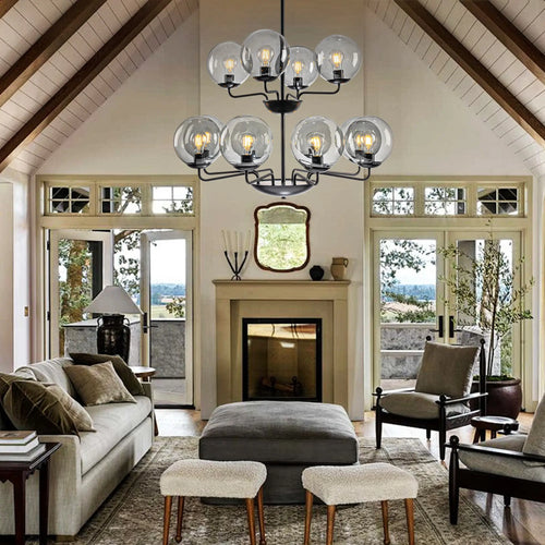 12-Light Smoke Gray Glass Bubble Globe Chandelier Mid-Century Modern Pendant Ceiling Light for Dining Room Kitchen Island