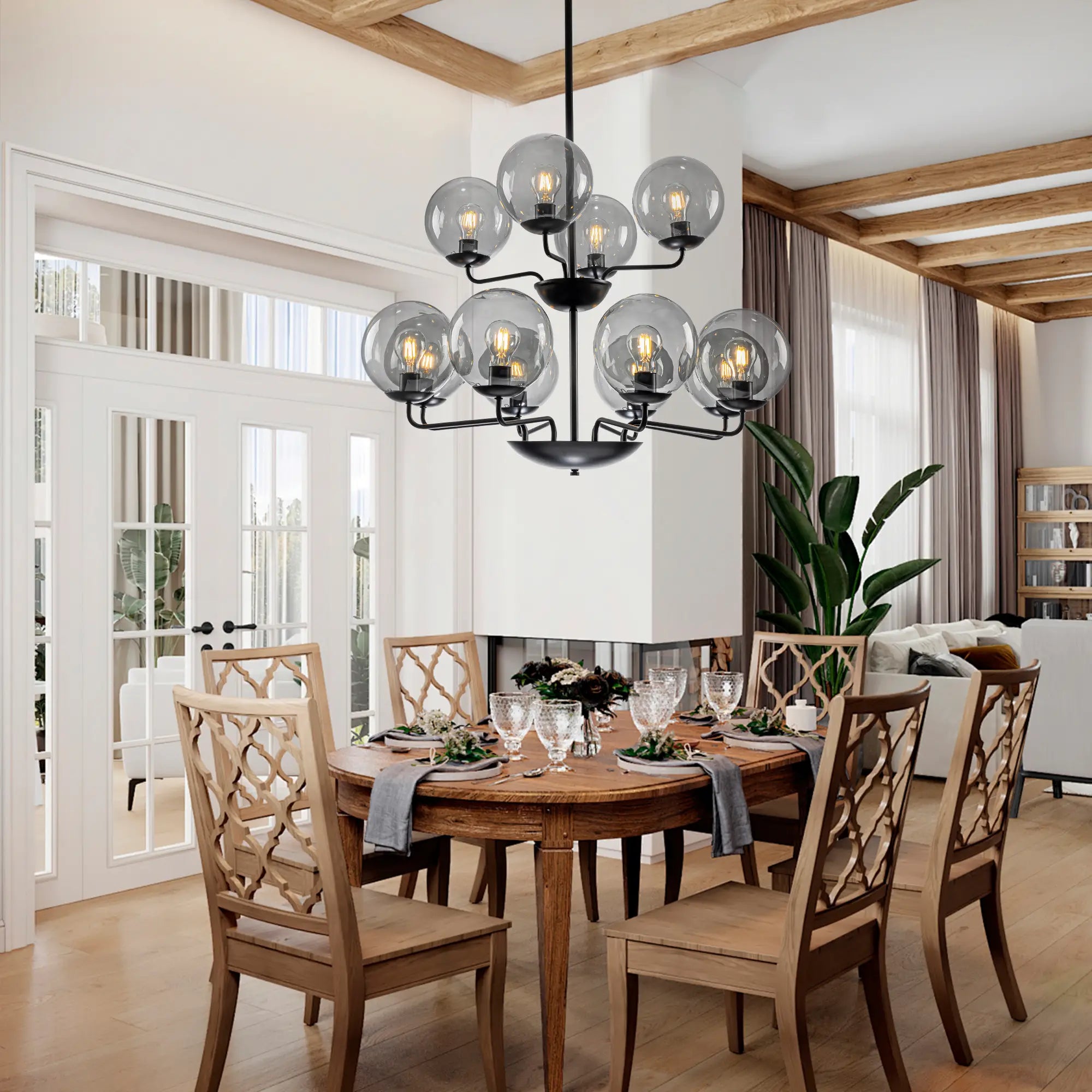 12-Light Smoke Gray Glass Bubble Globe Chandelier Mid-Century Modern Pendant Ceiling Light for Dining Room Kitchen Island