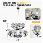 12-Light Smoke Gray Glass Bubble Globe Chandelier Mid-Century Modern Pendant Ceiling Light for Dining Room Kitchen Island