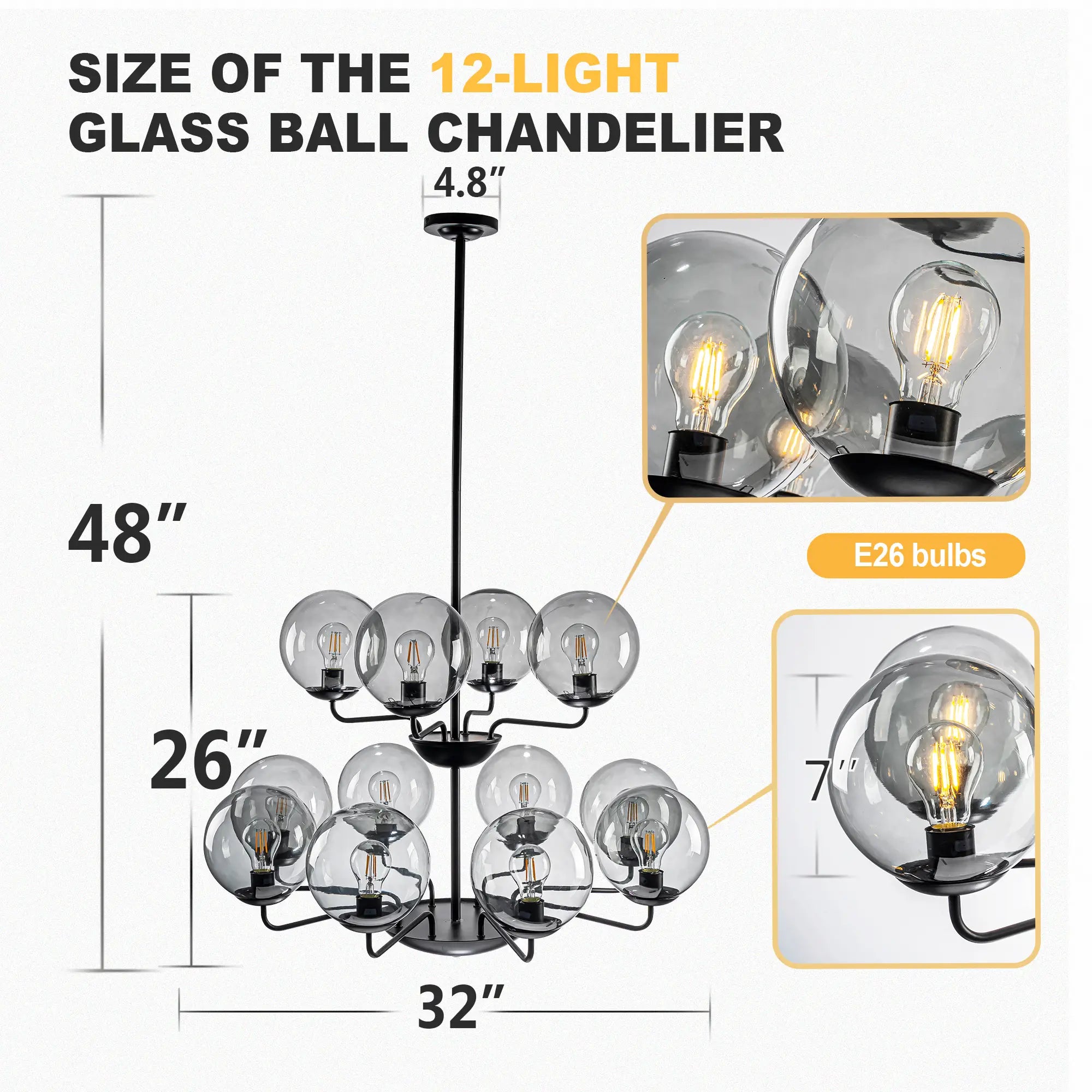 12-Light Smoke Gray Glass Bubble Globe Chandelier Mid-Century Modern Pendant Ceiling Light for Dining Room Kitchen Island