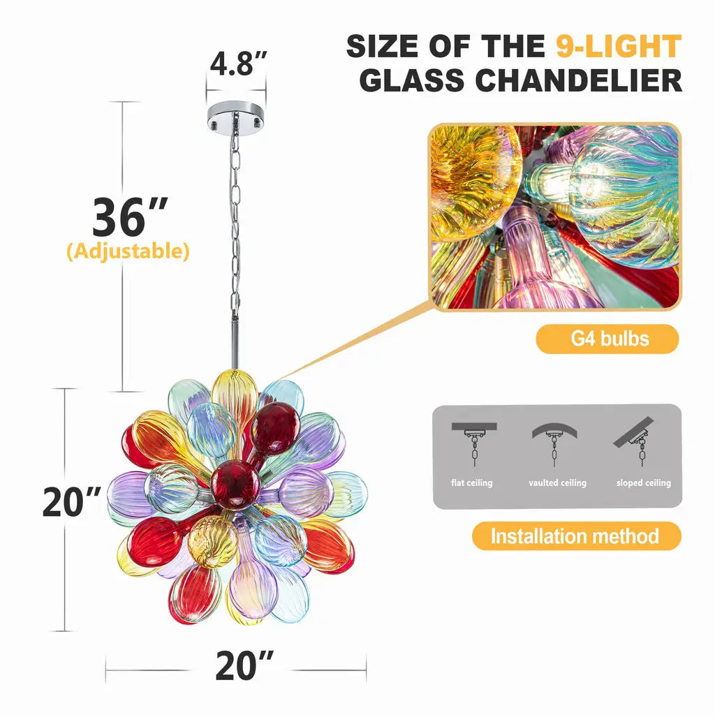 Multi-Color Ribbed Blown Glass Bubble Chandelier Cluster Glass Ball  Artistic Pendant Light
