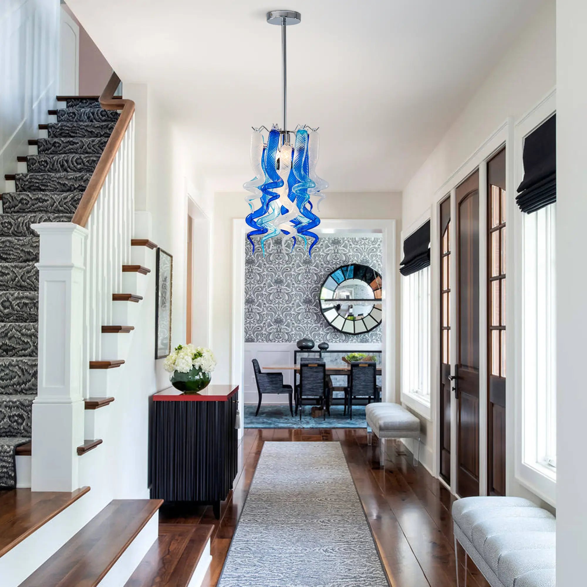 Small Blue and White Blown Glass Chandelier Modern Spiral Art Pendant Light