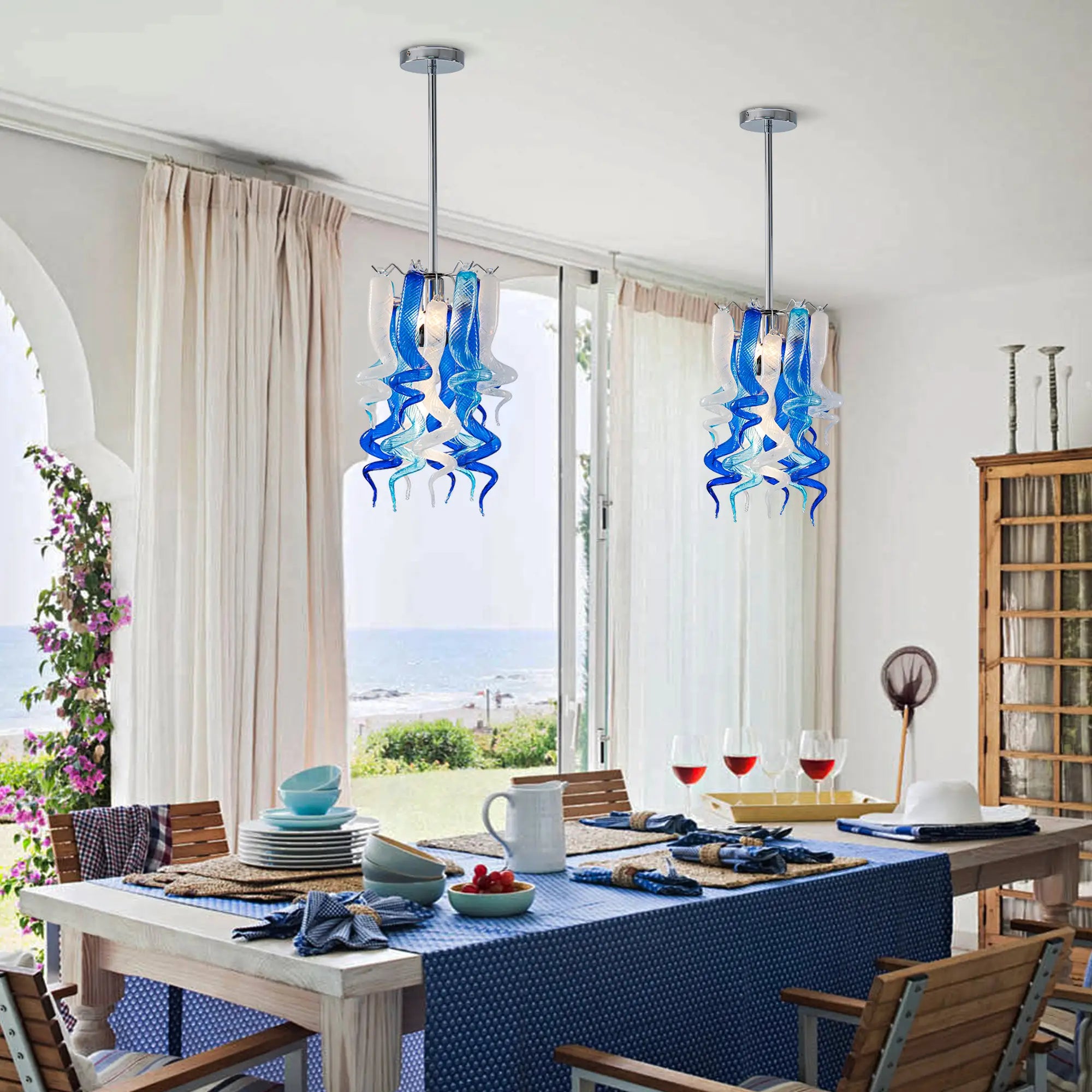 Small Blue and White Blown Glass Chandelier Modern Spiral Art Pendant Light
