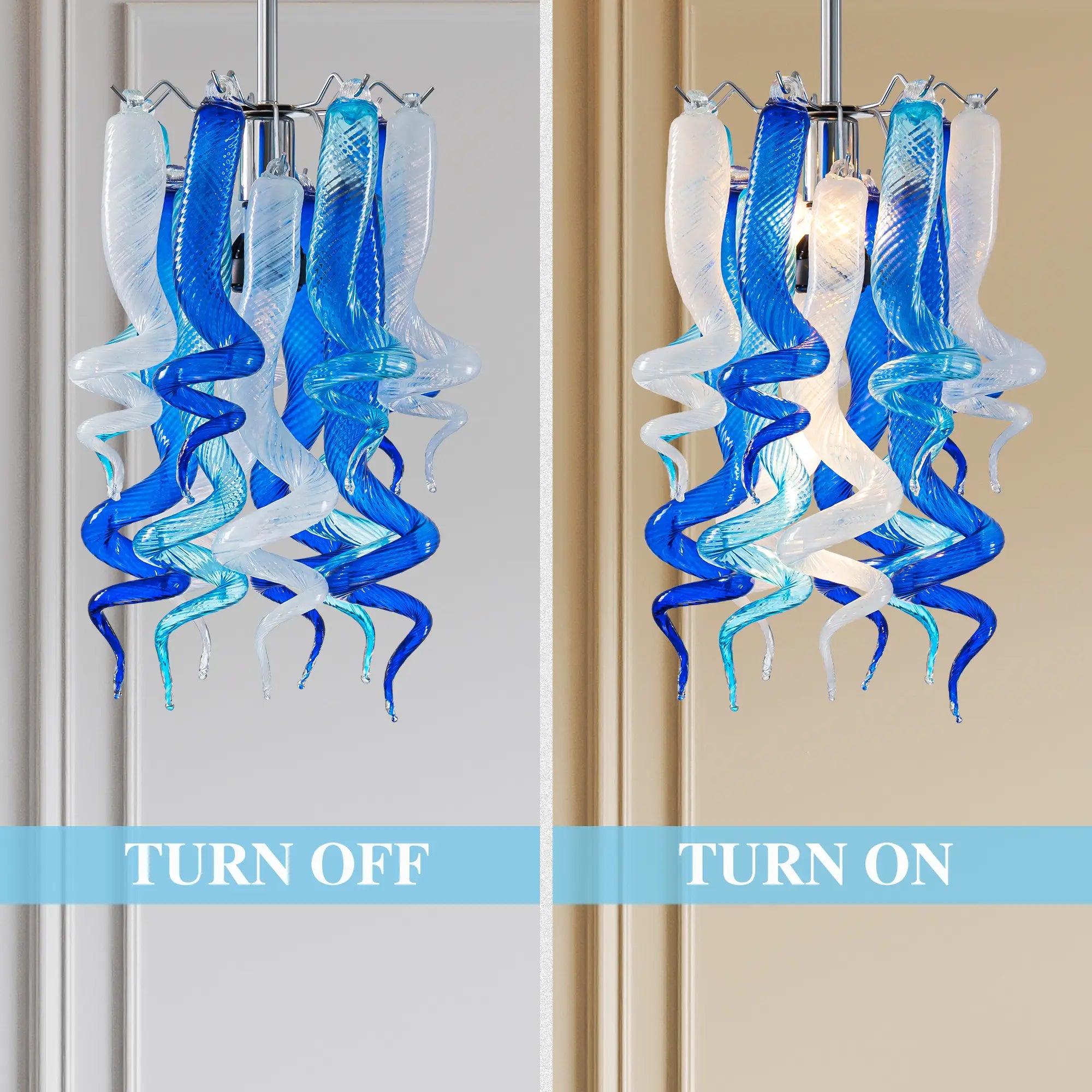 Small Blue and White Blown Glass Chandelier Modern Spiral Art Pendant Light