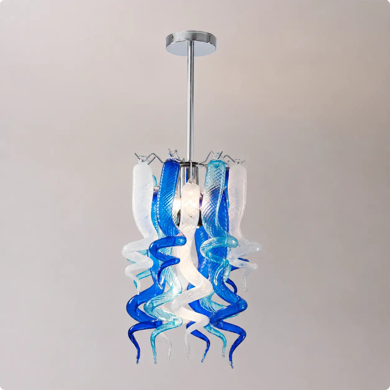 Small Blue and White Blown Glass Chandelier Modern Spiral Art Pendant Light