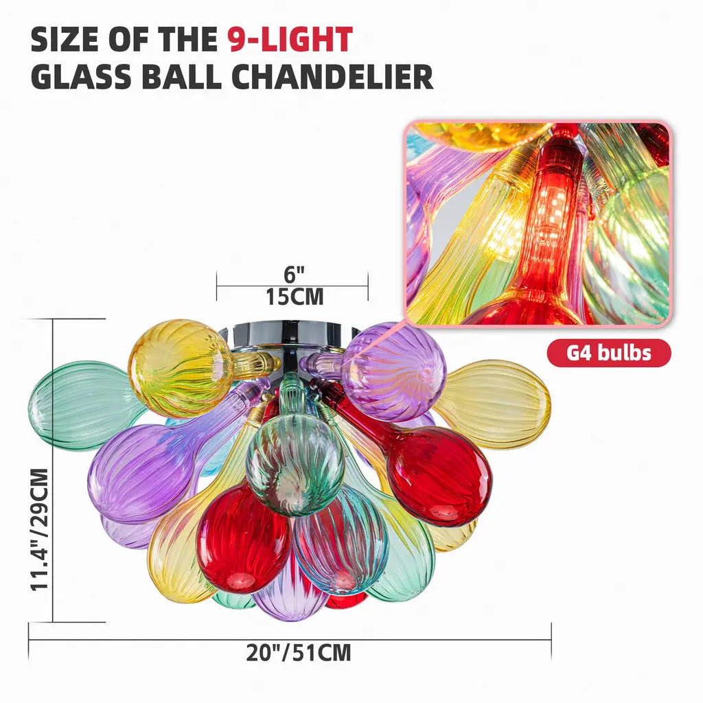 Hand-Blown Rainbow Glass Bubble Semi-Flush Chandelier Multicolor Striped Ceiling Light