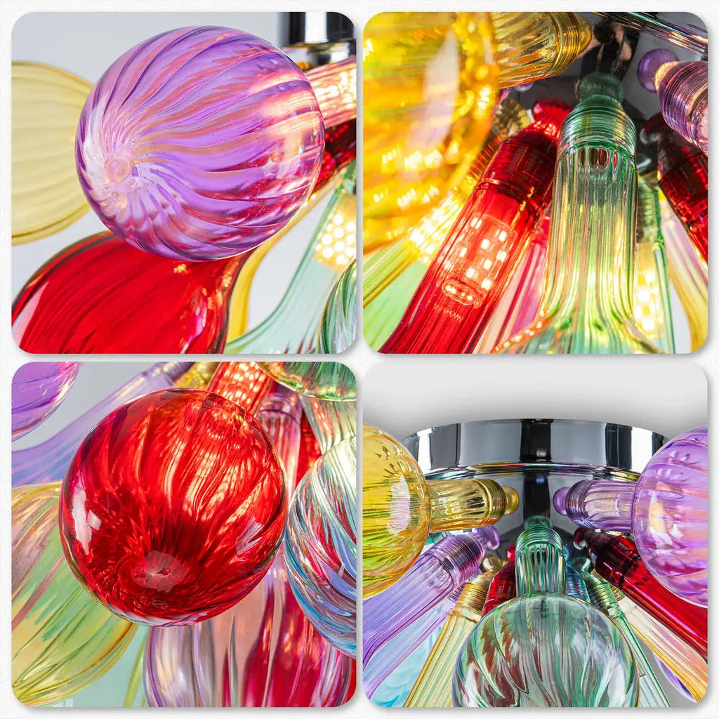 Hand-Blown Rainbow Glass Bubble Semi-Flush Chandelier Multicolor Striped Ceiling Light