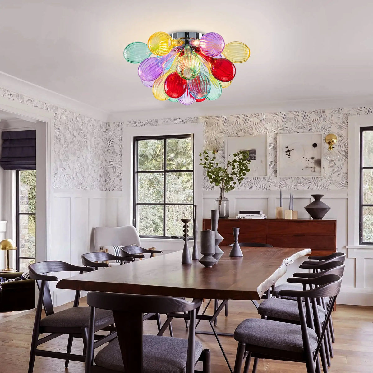 Hand-Blown Rainbow Glass Bubble Semi-Flush Chandelier Multicolor Striped Ceiling Light