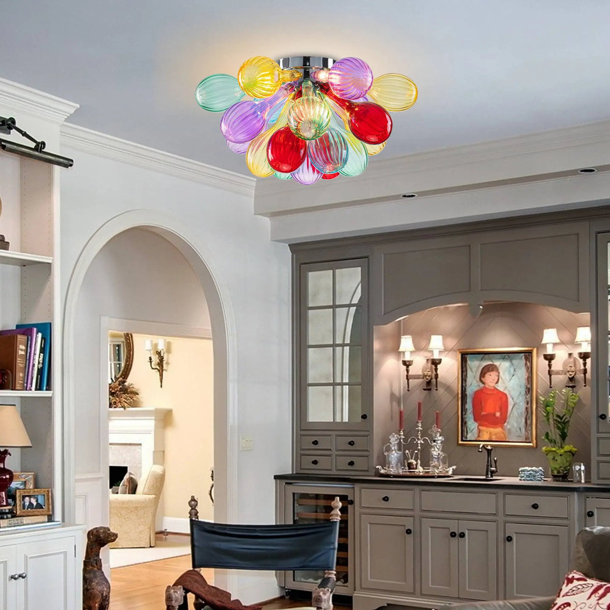 Hand-Blown Rainbow Glass Bubble Semi-Flush Chandelier Multicolor Striped Ceiling Light
