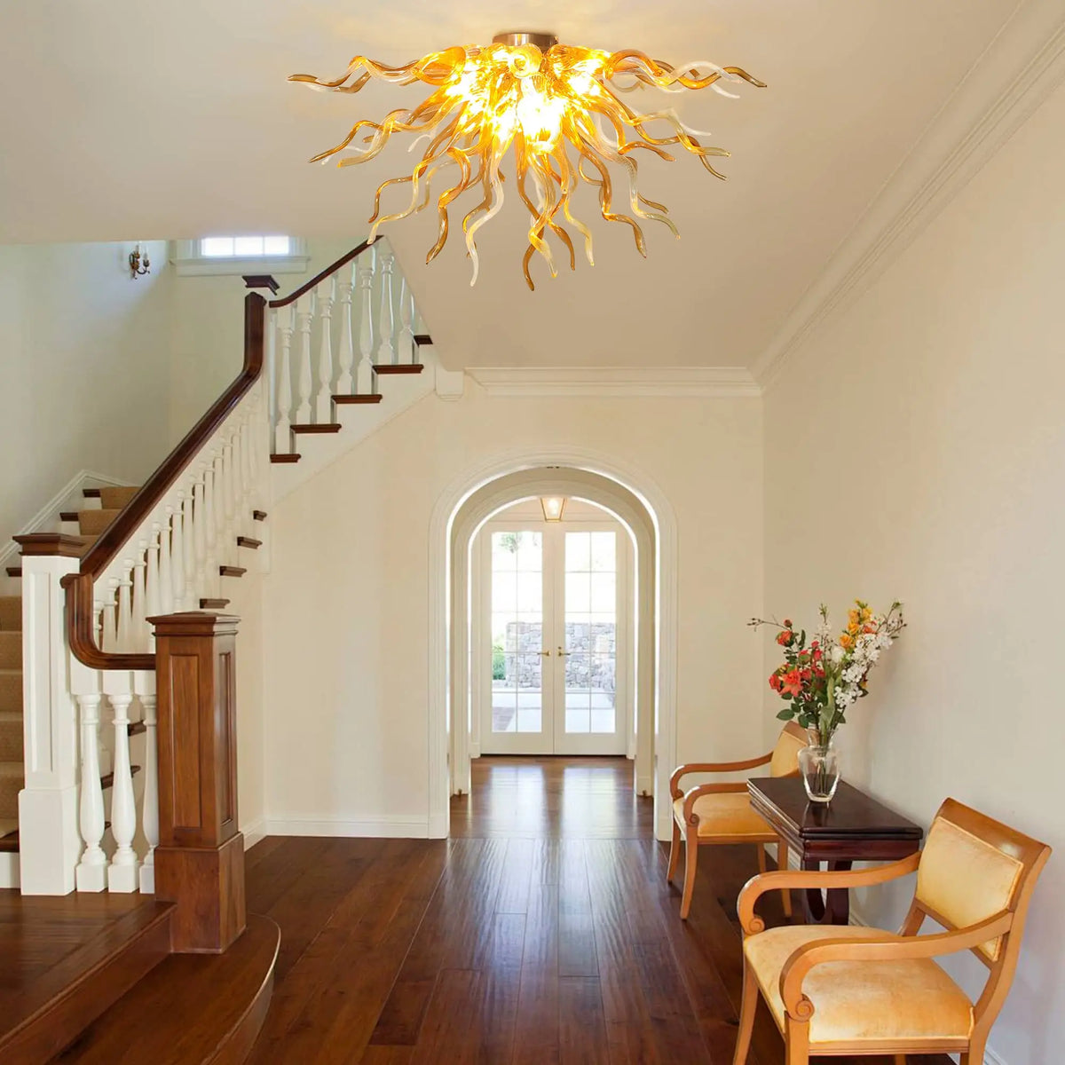 Radiant Amber Blown Glass Ceiling Light Sunburst Sculptural Curved Art Semi-Flush Mount Chandelier