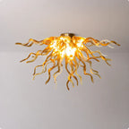 Radiant Amber Blown Glass Ceiling Light Sunburst Sculptural Curved Art Semi-Flush Mount Chandelier