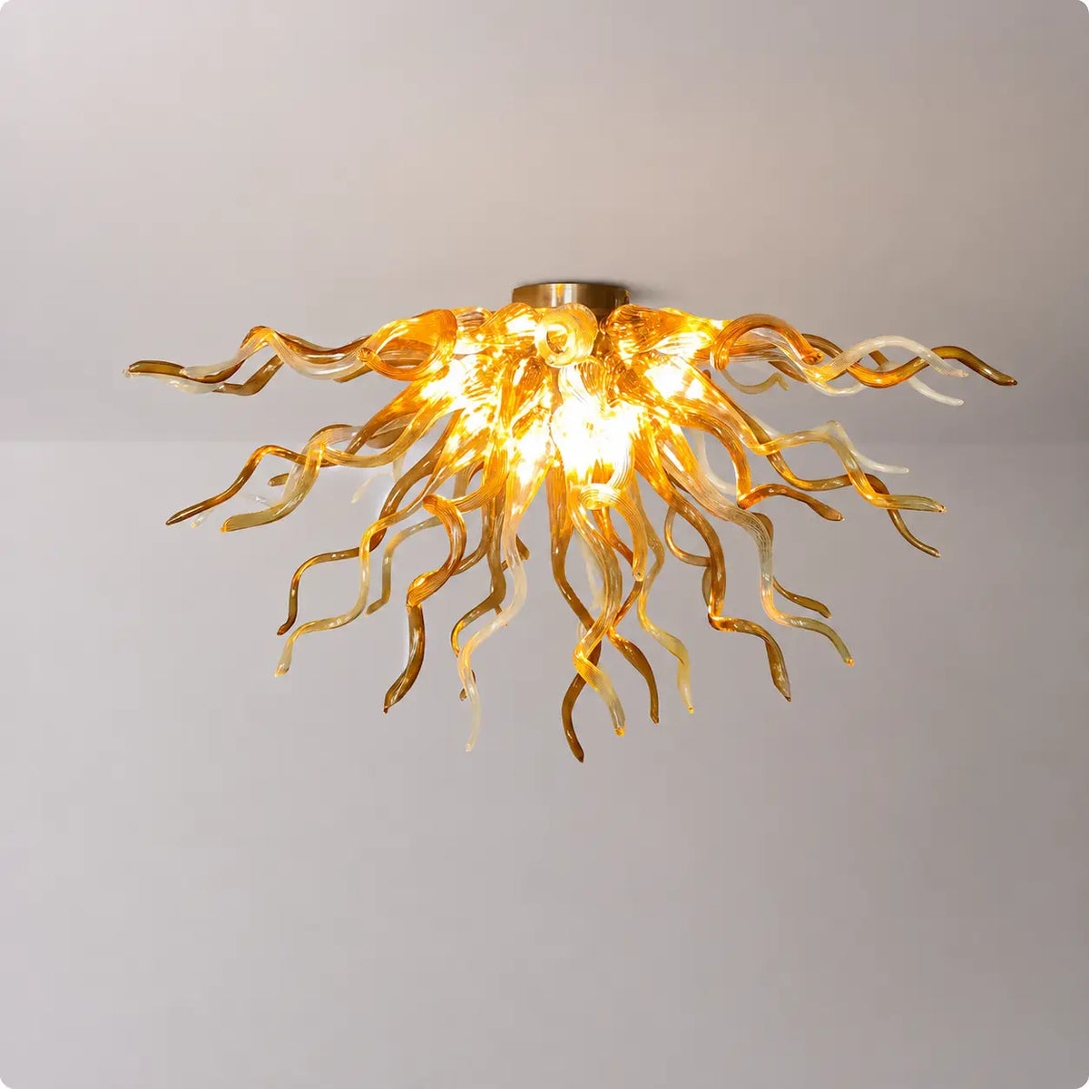 Radiant Amber Blown Glass Ceiling Light Sunburst Sculptural Curved Art Semi-Flush Mount Chandelier