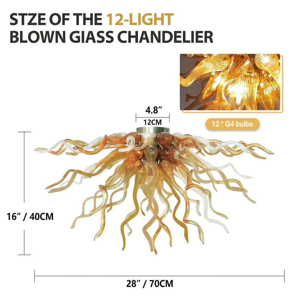 Radiant Amber Blown Glass Ceiling Light Sunburst Sculptural Curved Art Semi-Flush Mount Chandelier
