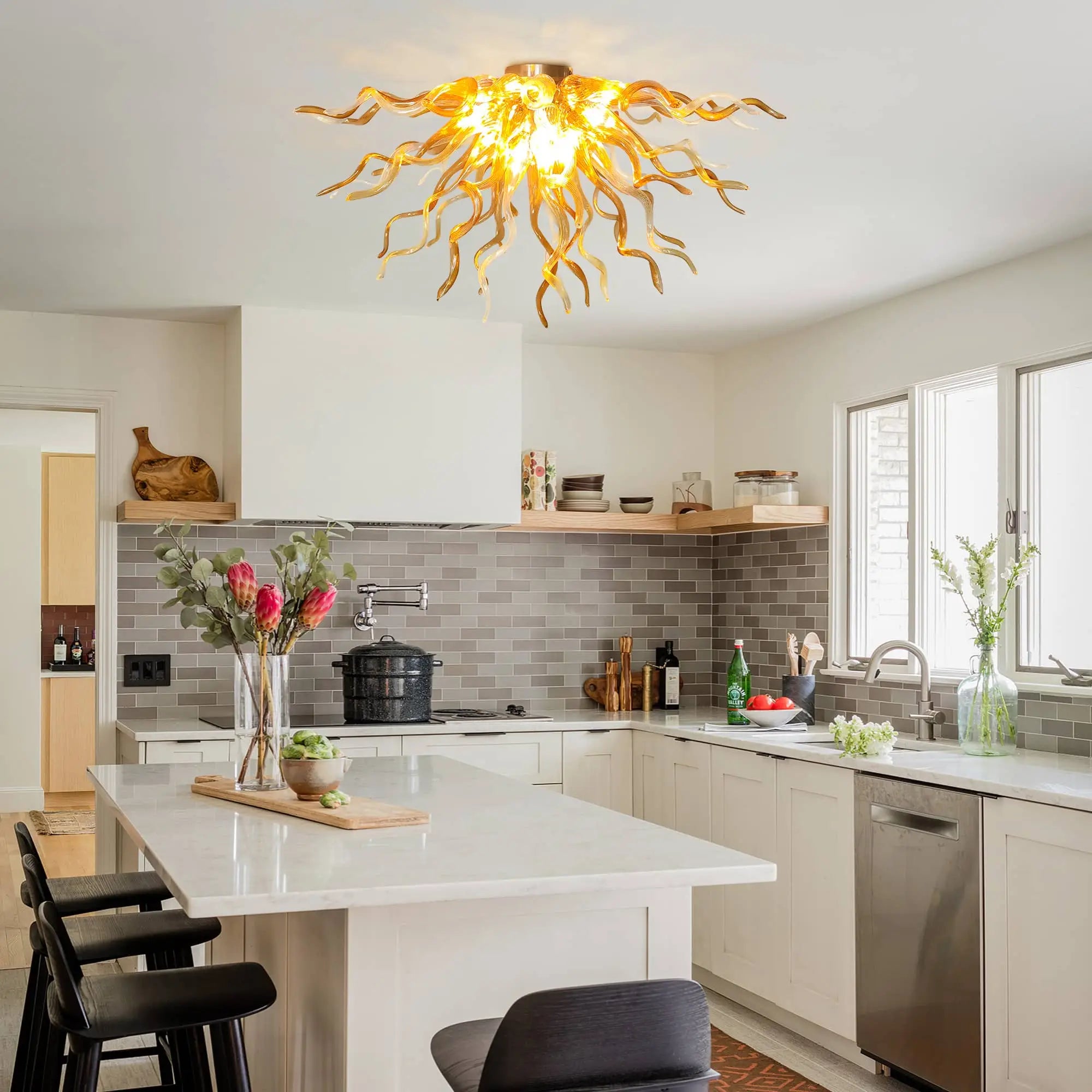 Radiant Amber Blown Glass Ceiling Light Sunburst Sculptural Curved Art Semi-Flush Mount Chandelier