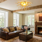 Radiant Amber Blown Glass Ceiling Light Sunburst Sculptural Curved Art Semi-Flush Mount Chandelier