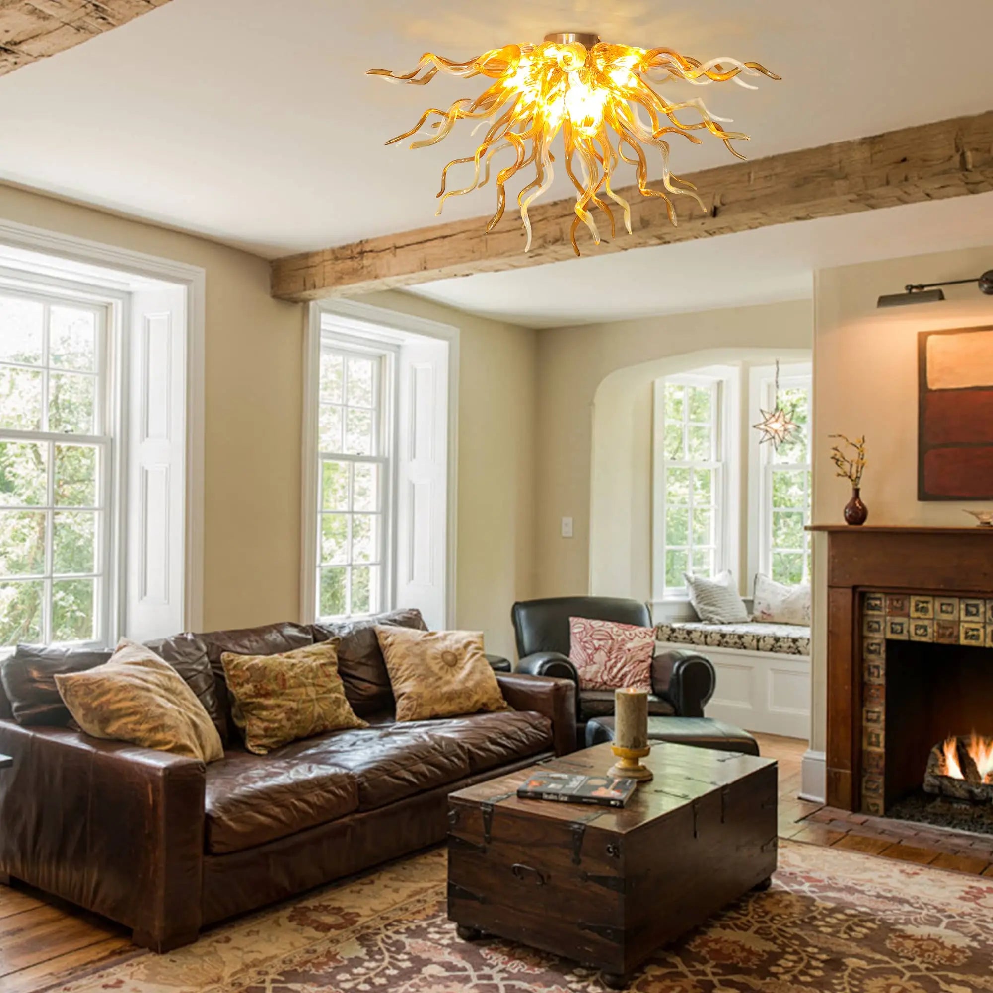 Radiant Amber Blown Glass Ceiling Light Sunburst Sculptural Curved Art Semi-Flush Mount Chandelier