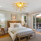 Radiant Amber Blown Glass Ceiling Light Sunburst Sculptural Curved Art Semi-Flush Mount Chandelier