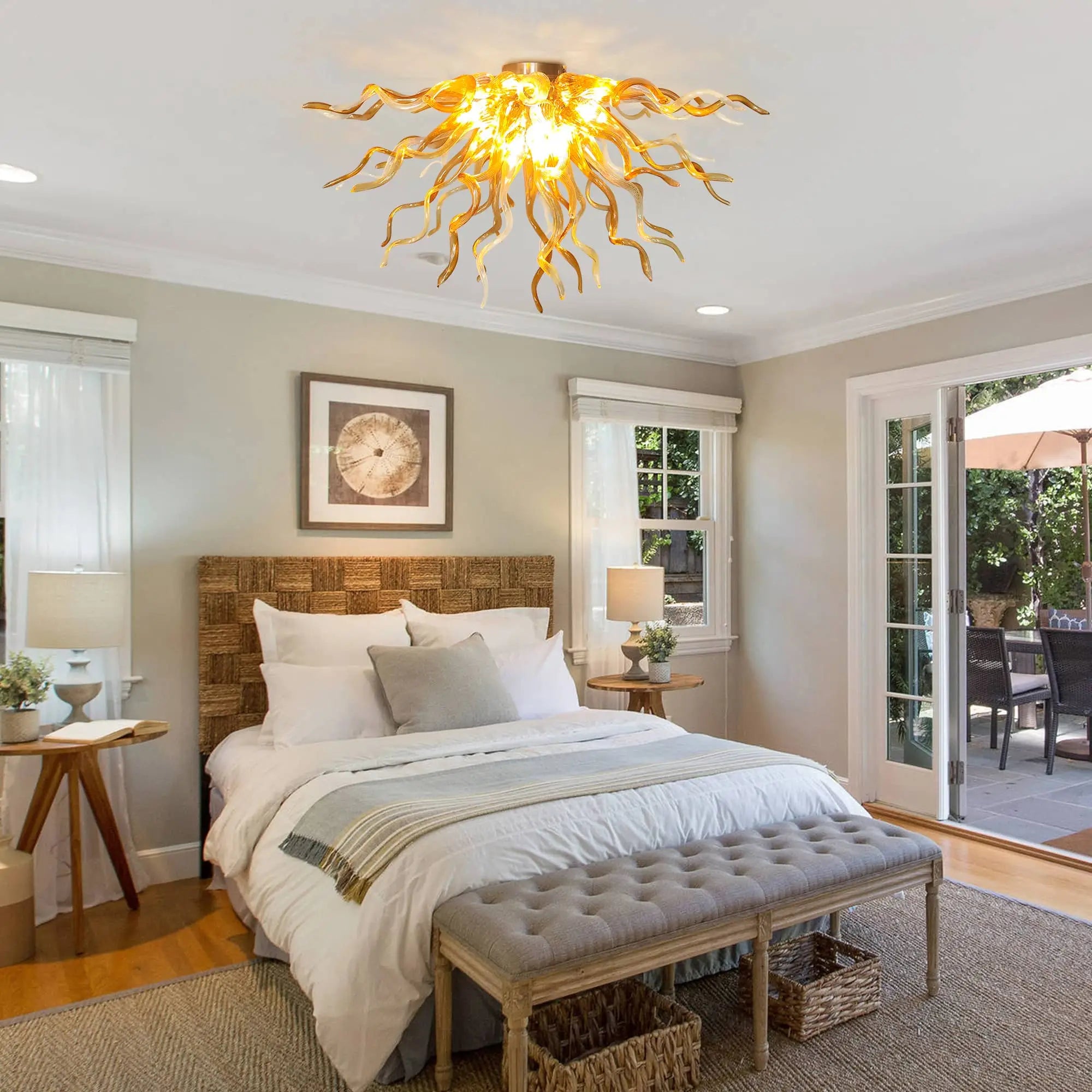Radiant Amber Blown Glass Ceiling Light Sunburst Sculptural Curved Art Semi-Flush Mount Chandelier