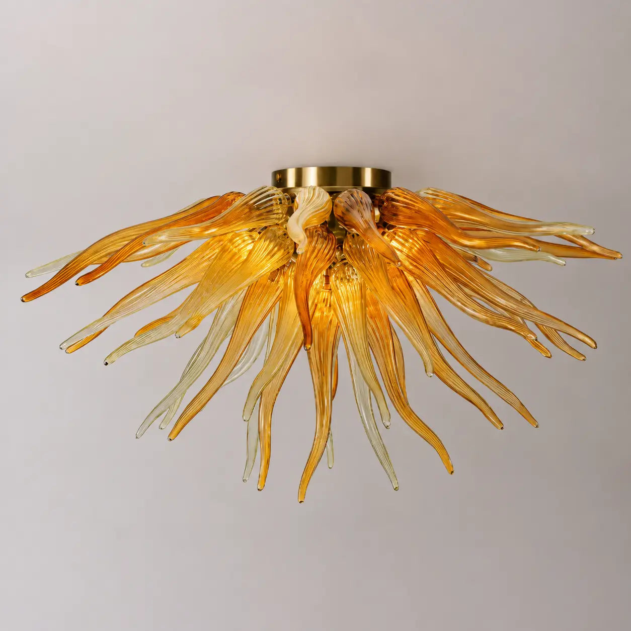 Sunburst Semi-Flush Mount Chandelier Autumn Gold Hand-Blown Art Glass Ceiling Light