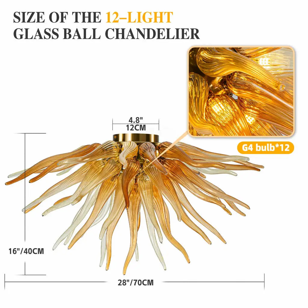Sunburst Semi-Flush Mount Chandelier Autumn Gold Hand-Blown Art Glass Ceiling Light