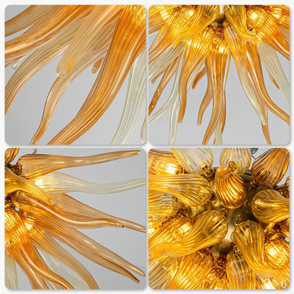 Sunburst Semi-Flush Mount Chandelier Autumn Gold Hand-Blown Art Glass Ceiling Light