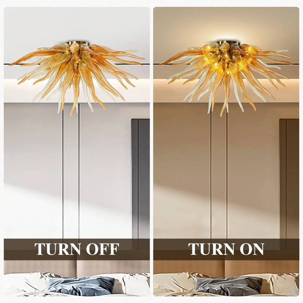 Sunburst Semi-Flush Mount Chandelier Autumn Gold Hand-Blown Art Glass Ceiling Light