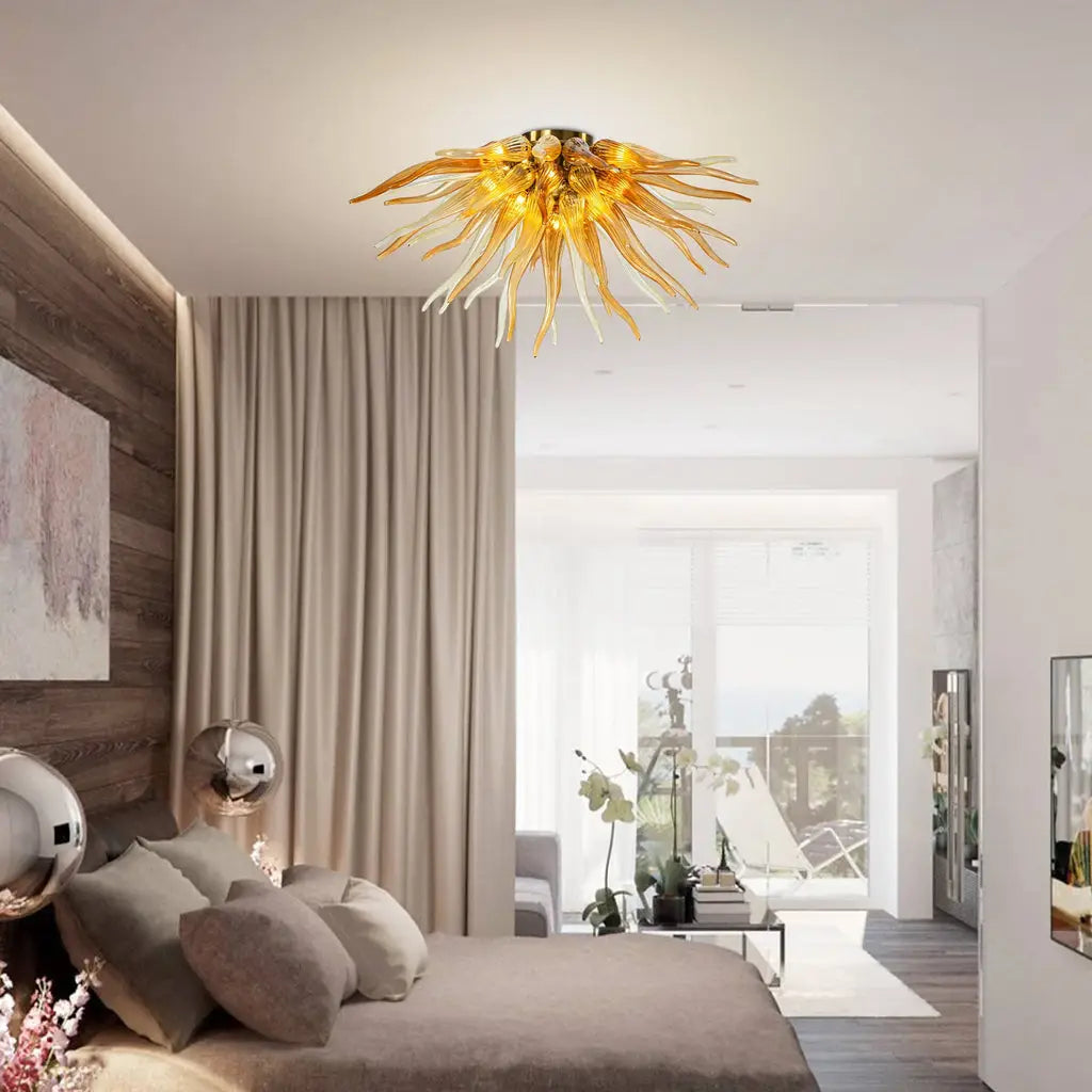 Sunburst Semi-Flush Mount Chandelier Autumn Gold Hand-Blown Art Glass Ceiling Light