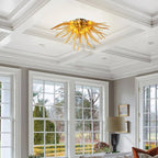 Sunburst Semi-Flush Mount Chandelier Autumn Gold Hand-Blown Art Glass Ceiling Light