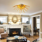 Sunburst Semi-Flush Mount Chandelier Autumn Gold Hand-Blown Art Glass Ceiling Light